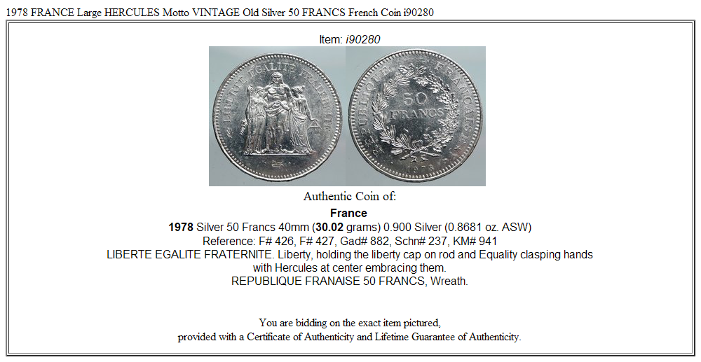 1978 FRANCE Large HERCULES Motto VINTAGE Old Silver 50 FRANCS French Coin i90280