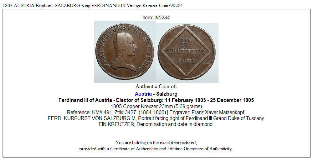 1805 AUSTRIA Bisphoric SALZBURG King FERDINAND III Vintage Kreuzer Coin i90284