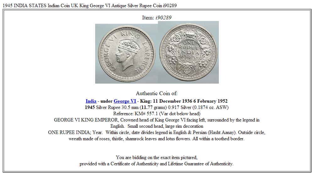 1945 INDIA STATES Indian Coin UK King George VI Antique Silver Rupee Coin i90289