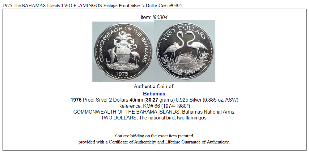 1975 The BAHAMAS Islands TWO FLAMINGOS Vintage Proof Silver 2 Dollar Coin i90304