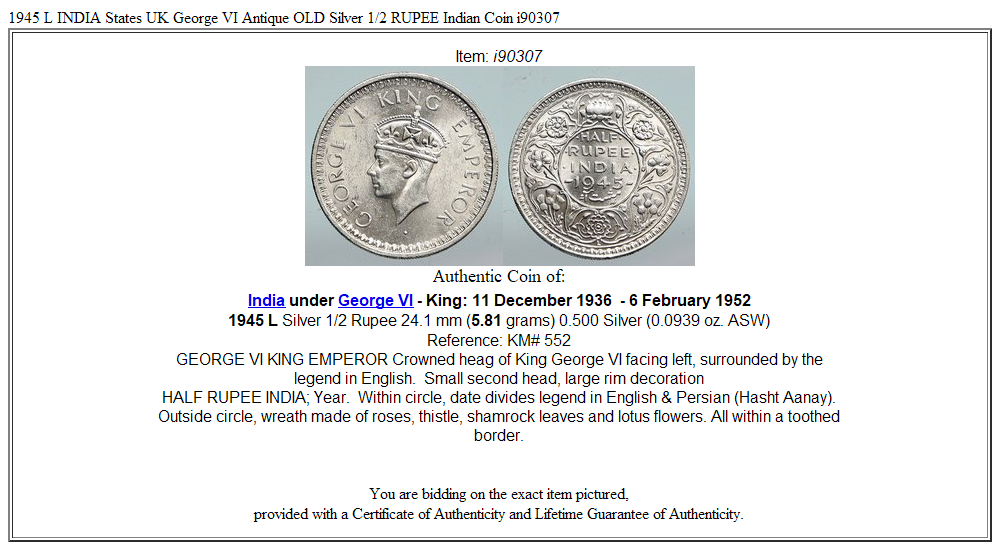 1945 L INDIA States UK George VI Antique OLD Silver 1/2 RUPEE Indian Coin i90307