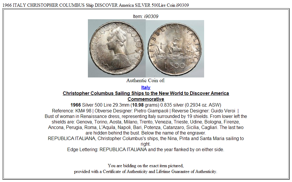 1966 ITALY CHRISTOPHER COLUMBUS Ship DISCOVER America SILVER 500Lire Coin i90309