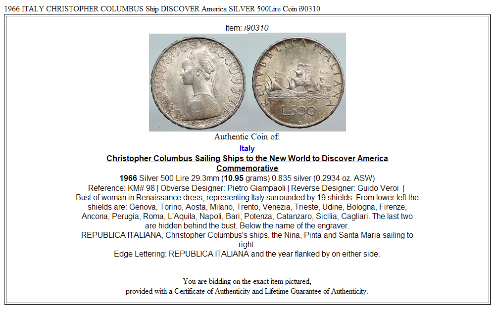 1966 ITALY CHRISTOPHER COLUMBUS Ship DISCOVER America SILVER 500Lire Coin i90310