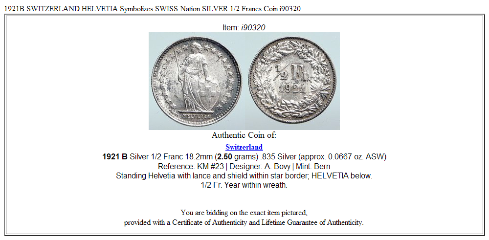 1921B SWITZERLAND HELVETIA Symbolizes SWISS Nation SILVER 1/2 Francs Coin i90320