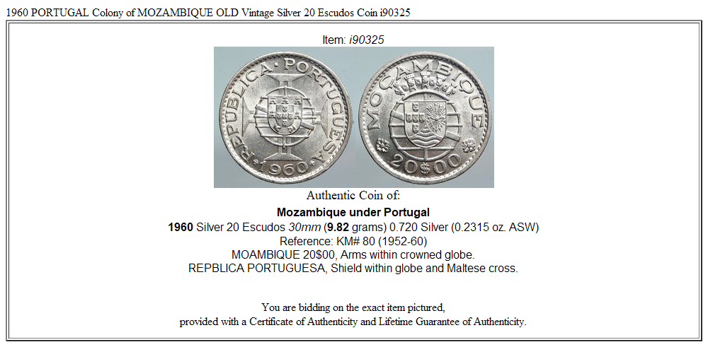 1960 PORTUGAL Colony of MOZAMBIQUE OLD Vintage Silver 20 Escudos Coin i90325