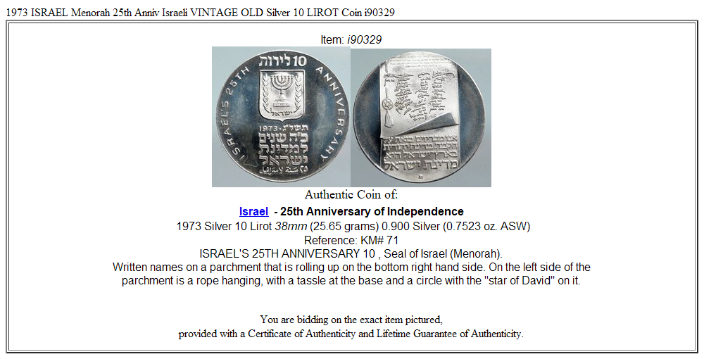 1973 ISRAEL Menorah 25th Anniv Israeli VINTAGE OLD Silver 10 LIROT Coin i90329