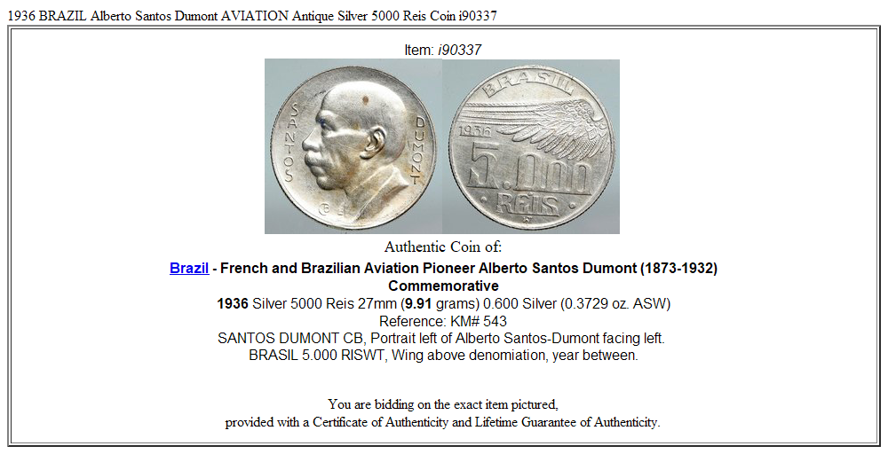 1936 BRAZIL Alberto Santos Dumont AVIATION Antique Silver 5000 Reis Coin i90337