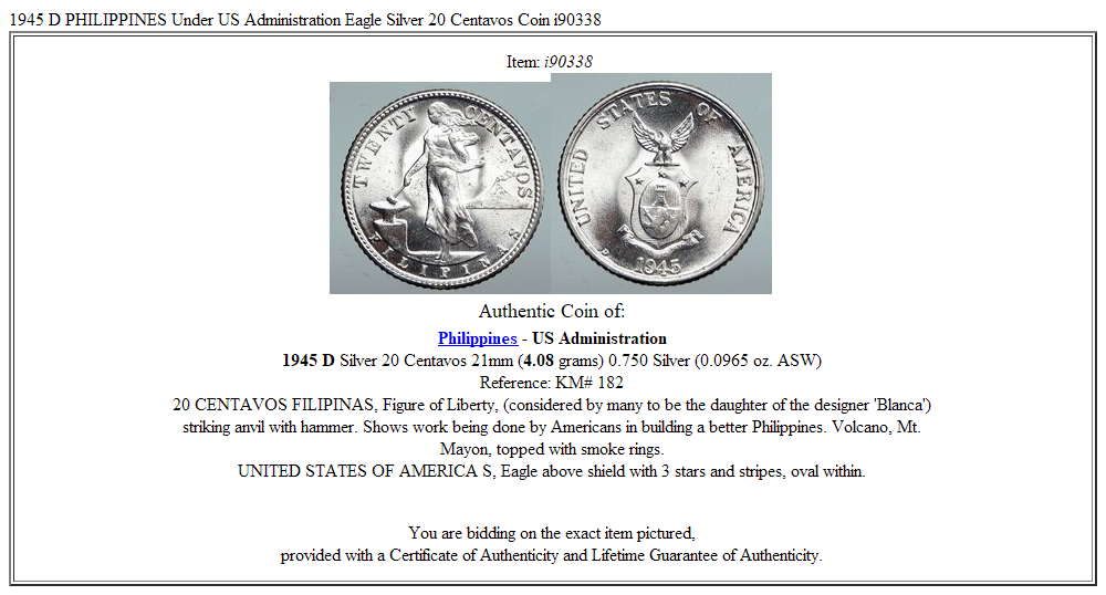 1945 D PHILIPPINES Under US Administration Eagle Silver 20 Centavos Coin i90338