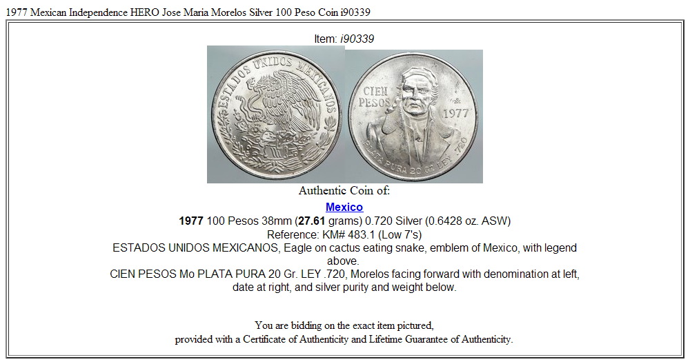 1977 Mexican Independence HERO Jose Maria Morelos Silver 100 Peso Coin i90339