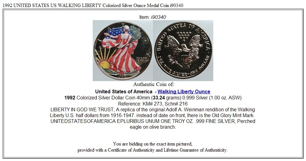 1992 UNITED STATES US WALKING LIBERTY Colorized Silver Ounce Medal Coin i90340