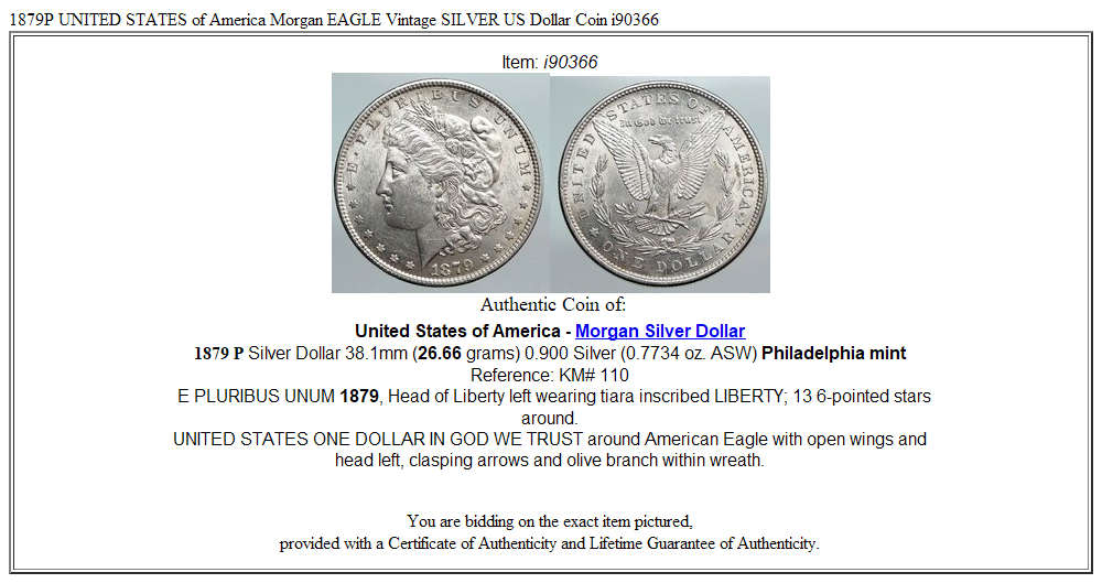 1879P UNITED STATES of America Morgan EAGLE Vintage SILVER US Dollar Coin i90366