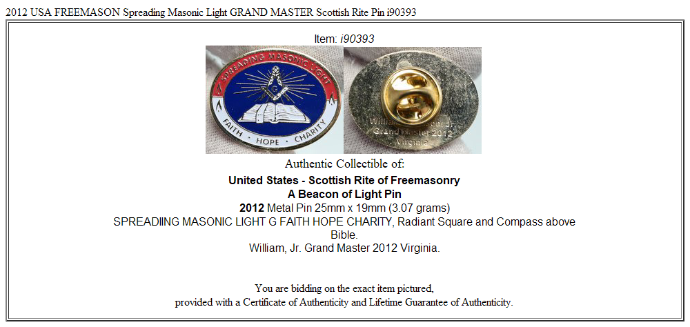 2012 USA FREEMASON Spreading Masonic Light GRAND MASTER Scottish Rite Pin i90393