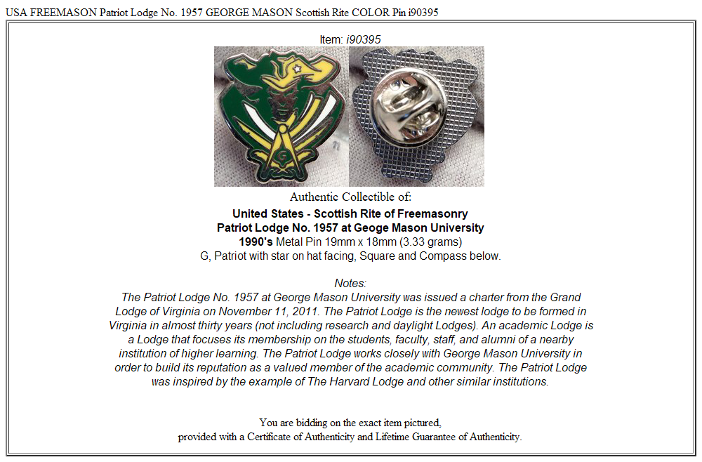 USA FREEMASON Patriot Lodge No. 1957 GEORGE MASON Scottish Rite COLOR Pin i90395