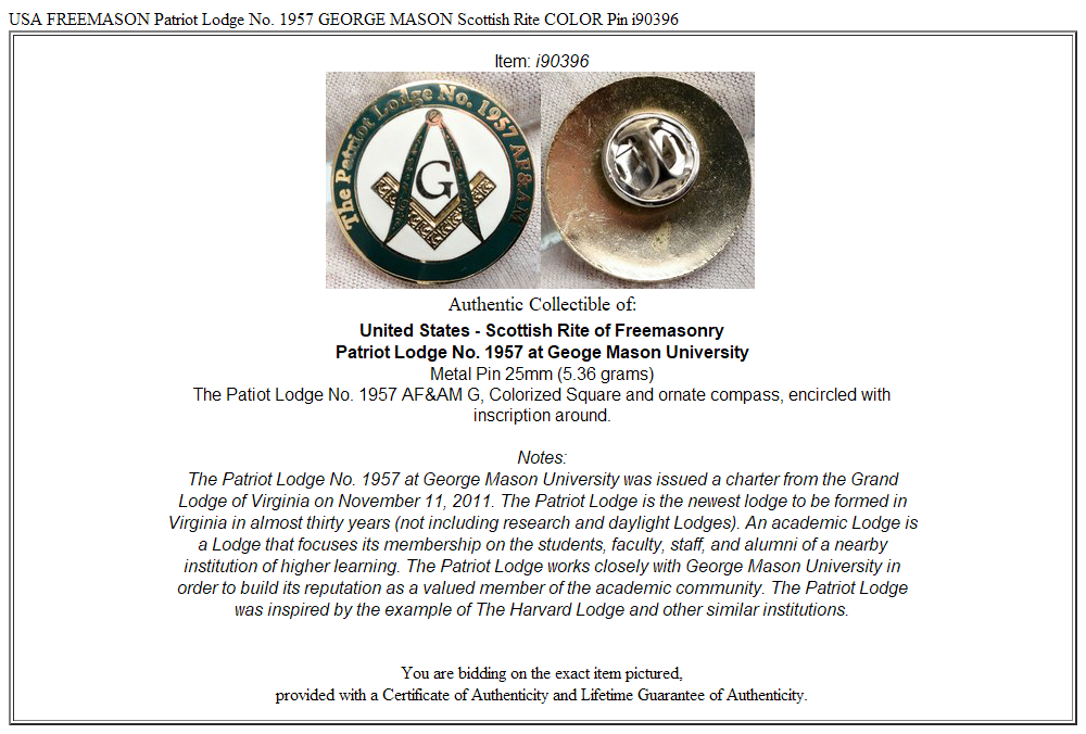 USA FREEMASON Patriot Lodge No. 1957 GEORGE MASON Scottish Rite COLOR Pin i90396