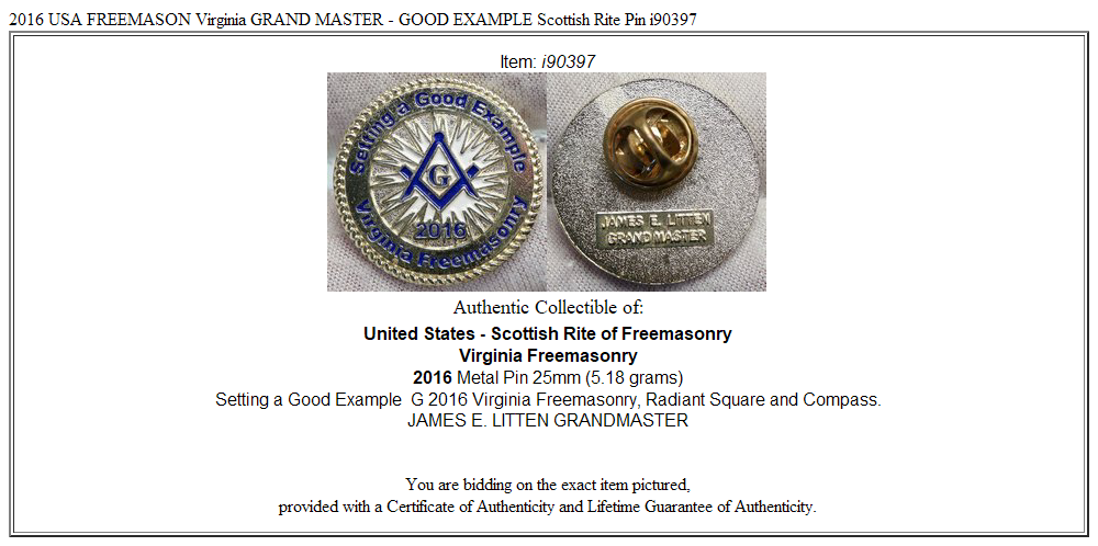 2016 USA FREEMASON Virginia GRAND MASTER - GOOD EXAMPLE Scottish Rite Pin i90397