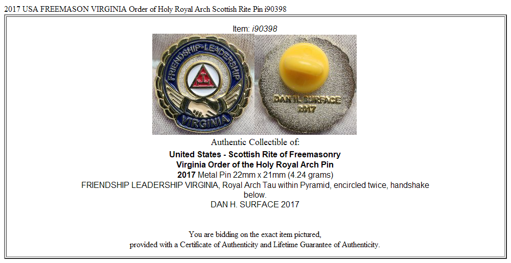 2017 USA FREEMASON VIRGINIA Order of Holy Royal Arch Scottish Rite Pin i90398