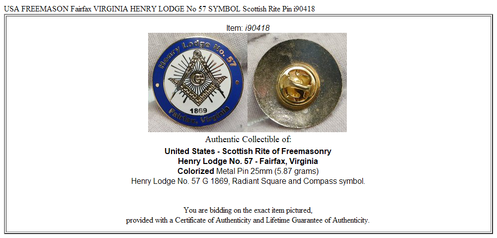 USA FREEMASON Fairfax VIRGINIA HENRY LODGE No 57 SYMBOL Scottish Rite Pin i90418