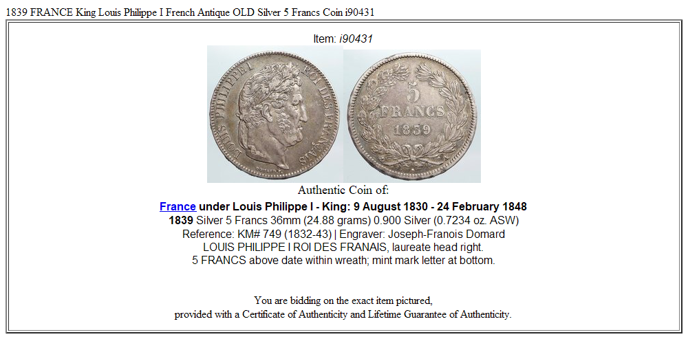 1839 FRANCE King Louis Philippe I French Antique OLD Silver 5 Francs Coin i90431