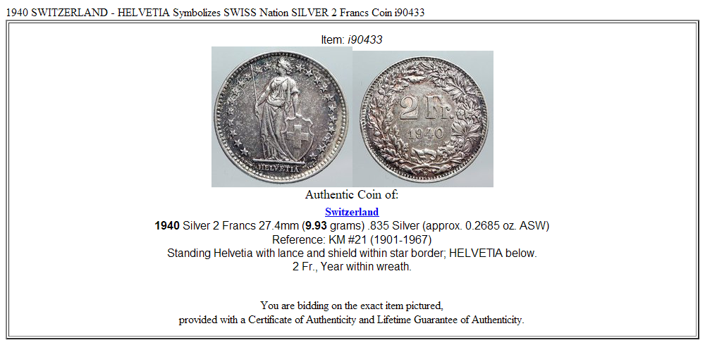 1940 SWITZERLAND - HELVETIA Symbolizes SWISS Nation SILVER 2 Francs Coin i90433