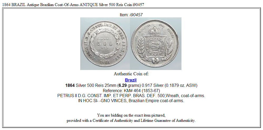 1864 BRAZIL Antique Brazilian Coat-Of-Arms ANITQUE Silver 500 Reis Coin i90457