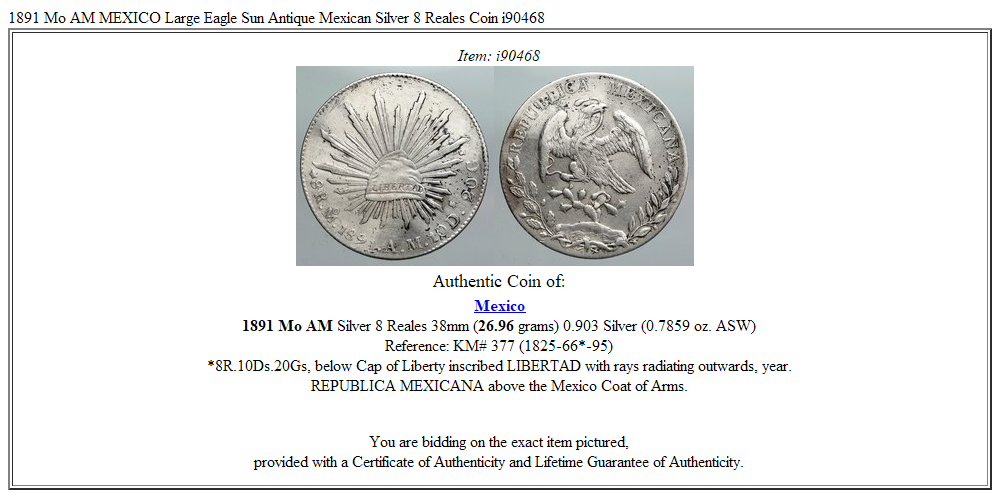 1891 Mo AM MEXICO Large Eagle Sun Antique Mexican Silver 8 Reales Coin i90468