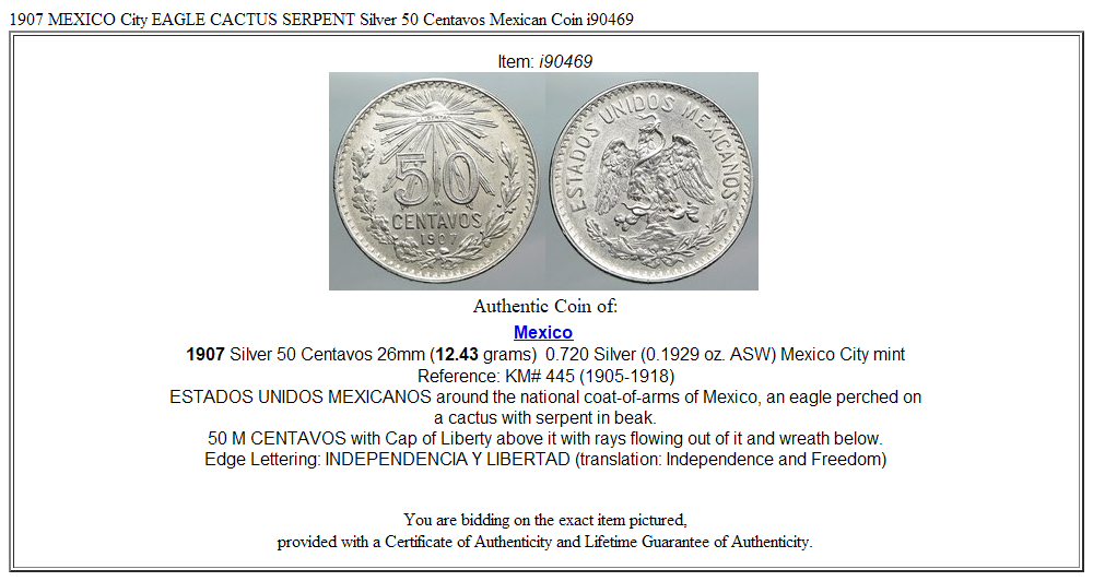 1907 MEXICO City EAGLE CACTUS SERPENT Silver 50 Centavos Mexican Coin i90469