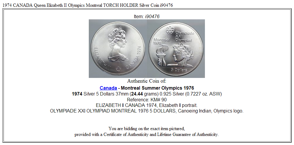 1974 CANADA Queen Elizabeth II Olympics Montreal TORCH HOLDER Silver Coin i90476