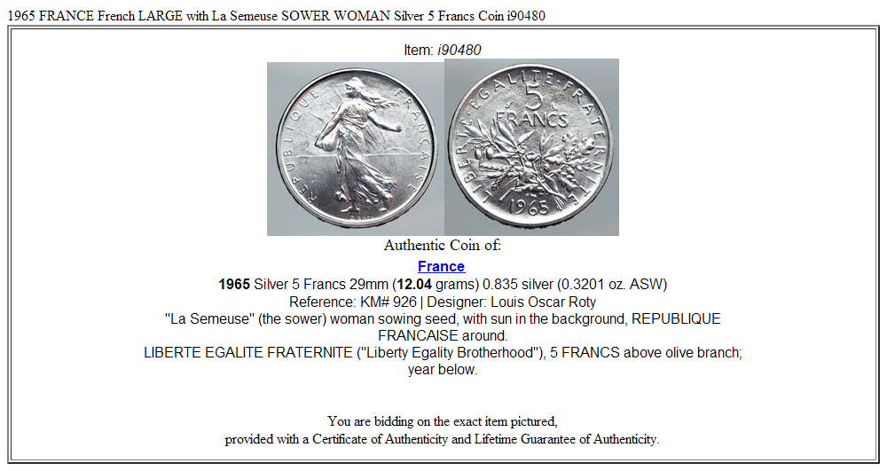 1965 FRANCE French LARGE with La Semeuse SOWER WOMAN Silver 5 Francs Coin i90480