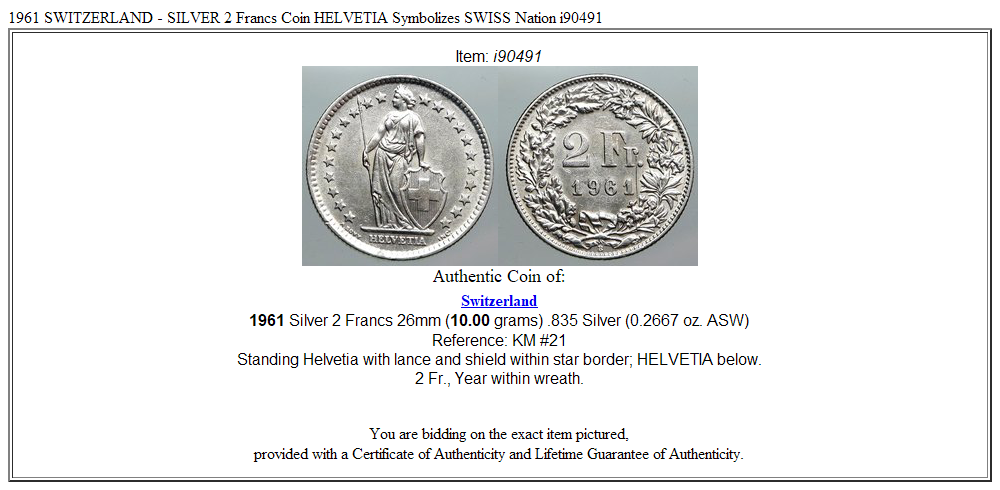 1961 SWITZERLAND - SILVER 2 Francs Coin HELVETIA Symbolizes SWISS Nation i90491