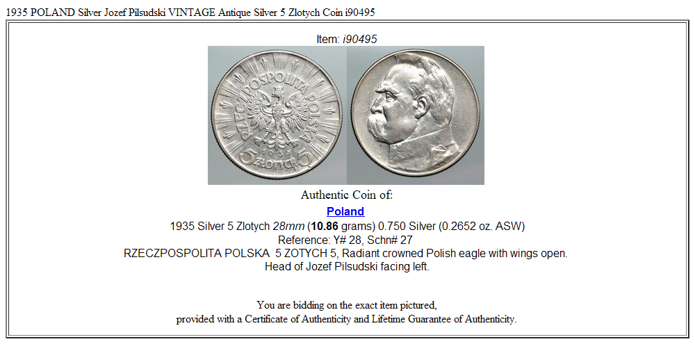 1935 POLAND Silver Jozef Pilsudski VINTAGE Antique Silver 5 Zlotych Coin i90495