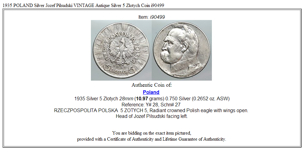 1935 POLAND Silver Jozef Pilsudski VINTAGE Antique Silver 5 Zlotych Coin i90499