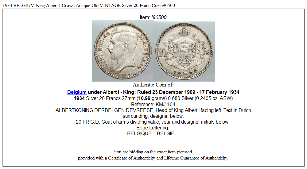 1934 BELGIUM King Albert I Crown Antique Old VINTAGE Silver 20 Franc Coin i90500