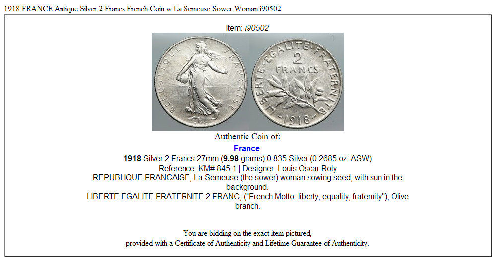 1918 FRANCE Antique Silver 2 Francs French Coin w La Semeuse Sower Woman i90502