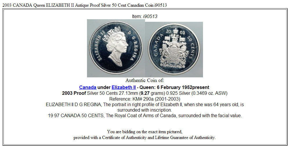 2003 CANADA Queen ELIZABETH II Antique Proof Silver 50 Cent Canadian Coin i90513