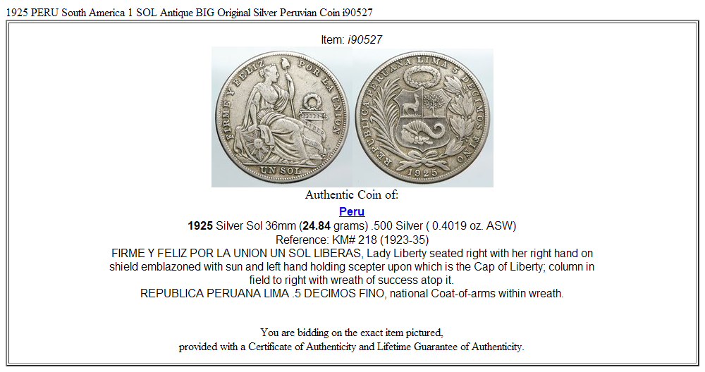 1925 PERU South America 1 SOL Antique BIG Original Silver Peruvian Coin i90527