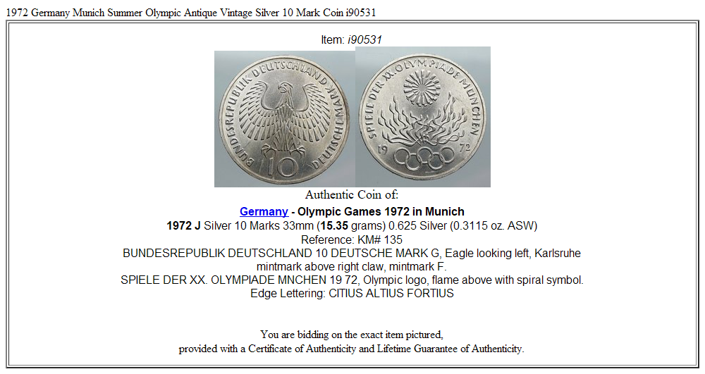 1972 Germany Munich Summer Olympic Antique Vintage Silver 10 Mark Coin i90531