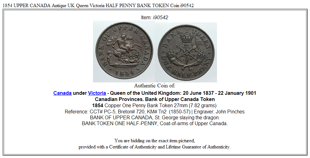 1854 UPPER CANADA Antique UK Queen Victoria HALF PENNY BANK TOKEN Coin i90542