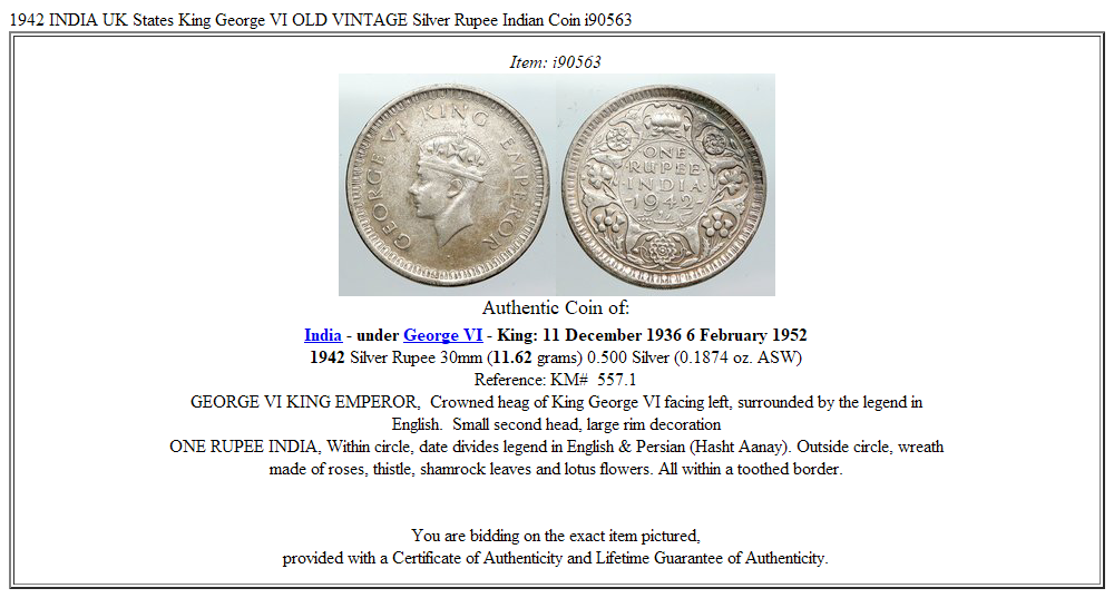 1942 INDIA UK States King George VI OLD VINTAGE Silver Rupee Indian Coin i90563