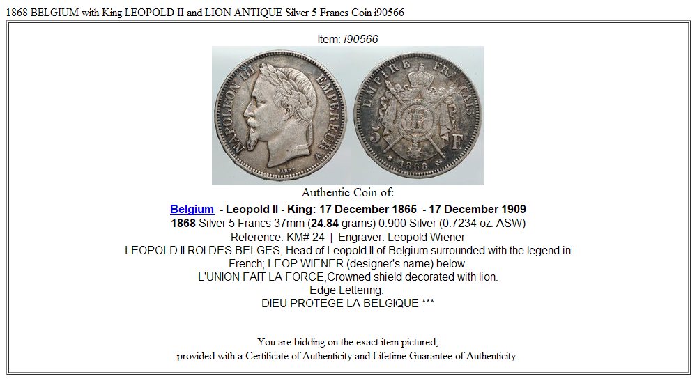 1868 BELGIUM with King LEOPOLD II and LION ANTIQUE Silver 5 Francs Coin i90566