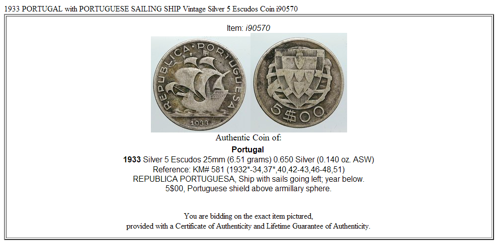 1933 PORTUGAL with PORTUGUESE SAILING SHIP Vintage Silver 5 Escudos Coin i90570