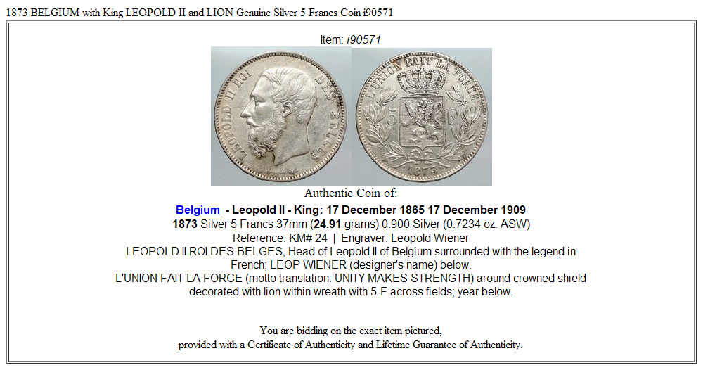 1873 BELGIUM with King LEOPOLD II and LION Genuine Silver 5 Francs Coin i90571