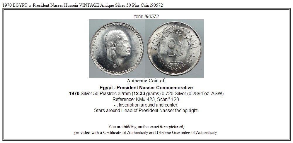 1970 EGYPT w President Nasser Hussein VINTAGE Antique Silver 50 Pias Coin i90572