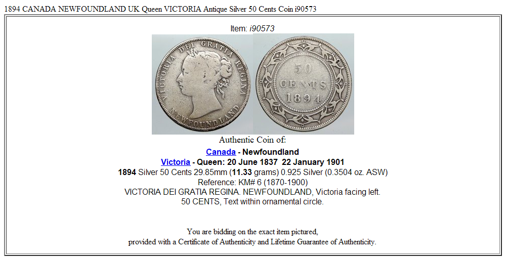 1894 CANADA NEWFOUNDLAND UK Queen VICTORIA Antique Silver 50 Cents Coin i90573