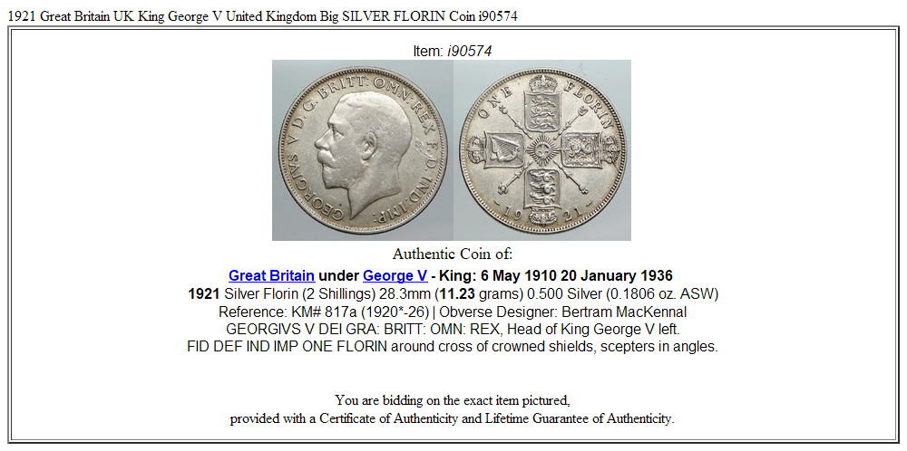 1921 Great Britain UK King George V United Kingdom Big SILVER FLORIN Coin i90574