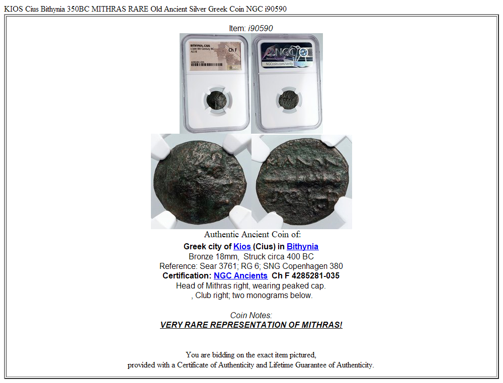 KIOS Cius Bithynia 350BC MITHRAS RARE Old Ancient Silver Greek Coin NGC i90590