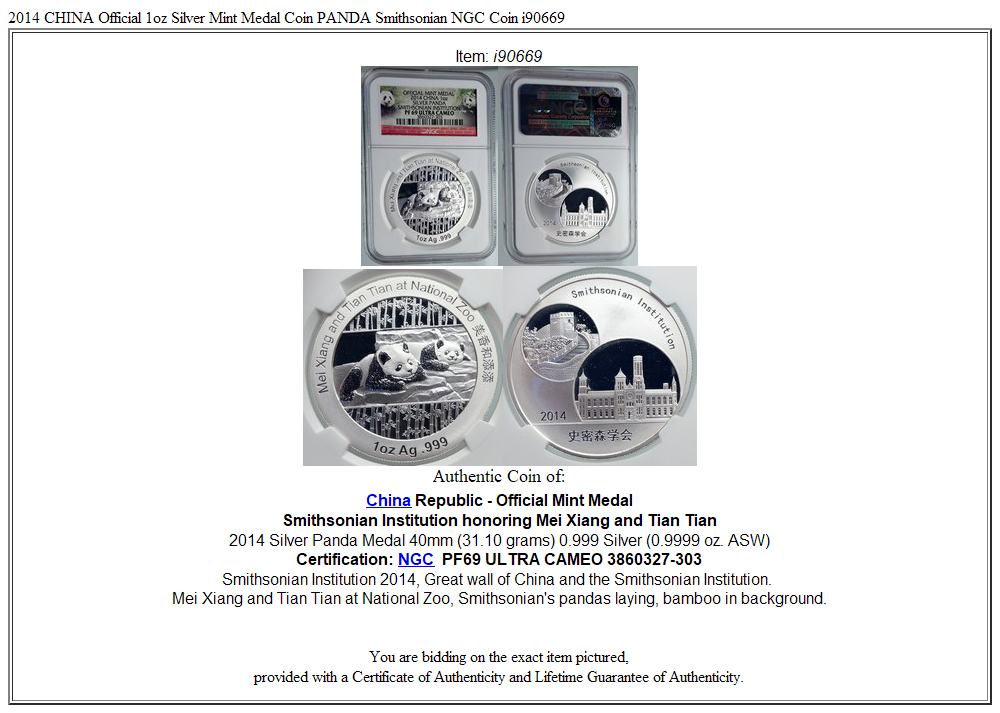 2014 CHINA Official 1oz Silver Mint Medal Coin PANDA Smithsonian NGC Coin i90669