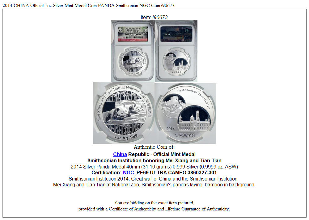 2014 CHINA Official 1oz Silver Mint Medal Coin PANDA Smithsonian NGC Coin i90673