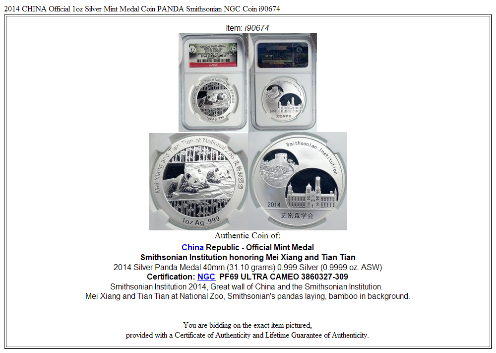 2014 CHINA Official 1oz Silver Mint Medal Coin PANDA Smithsonian NGC Coin i90674