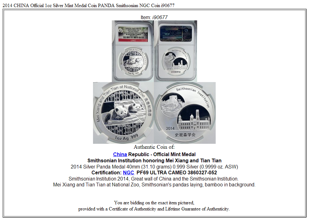 2014 CHINA Official 1oz Silver Mint Medal Coin PANDA Smithsonian NGC Coin i90677