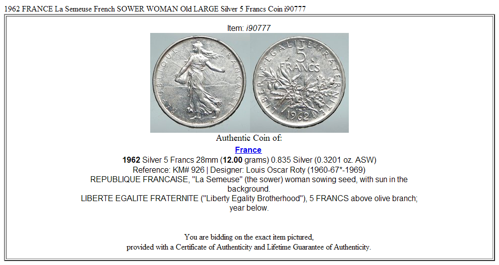 1962 FRANCE La Semeuse French SOWER WOMAN Old LARGE Silver 5 Francs Coin i90777